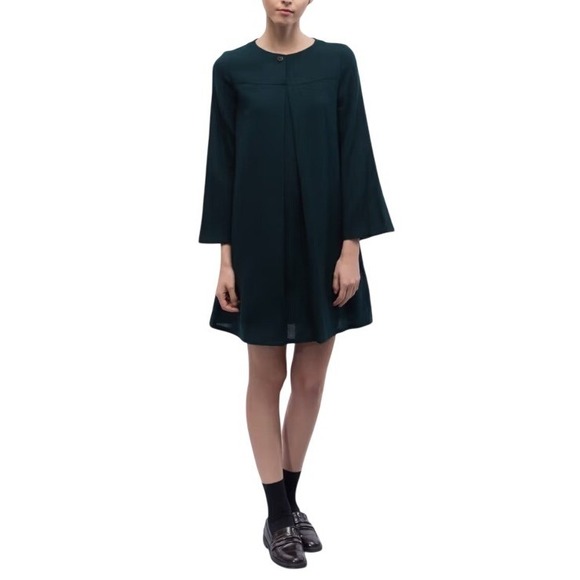 A.P.C. Rue Madame Paris Wool Bell Sleeve Box Pleat Dark Teal Mini Dress 38 - Picture 3 of 14
